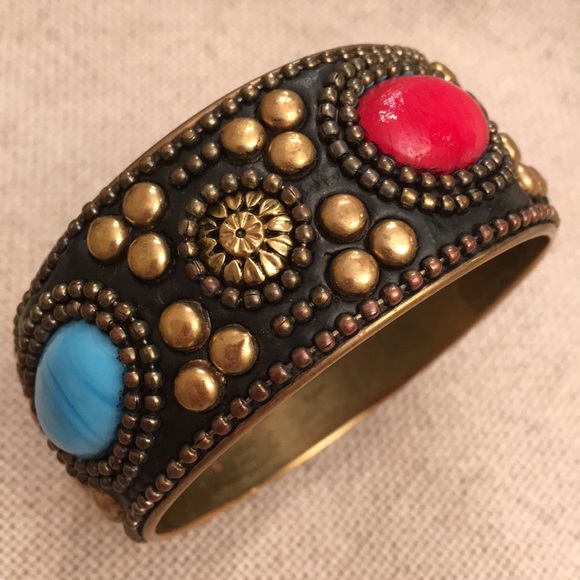 Boho Chic Brass Bangle Glass Cabochons Brass Studs - Picture 10 of 11